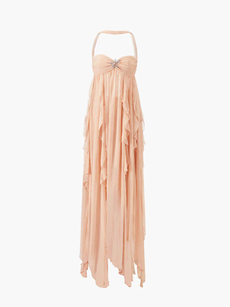 Flowy chiffon halter midi dress with star embellishments, romantic layered silhouette for evening