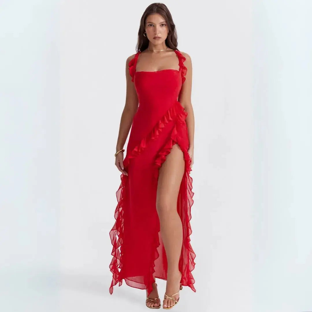 Ariela women's maxi dress square neckline cascading ruffle trim thigh-high slit slim-fit formal gown