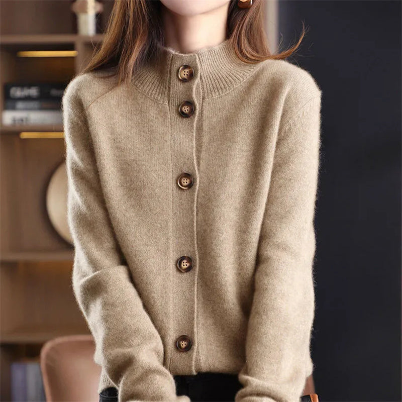 Women's lightweight merino cardigan in sculpted draped knit offering polished everyday warmth