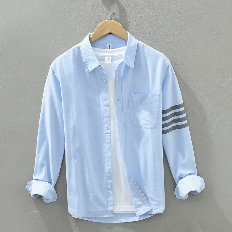 White linen-cotton blend casual shirt with tailored cut and monochrome triple stripe sleeves