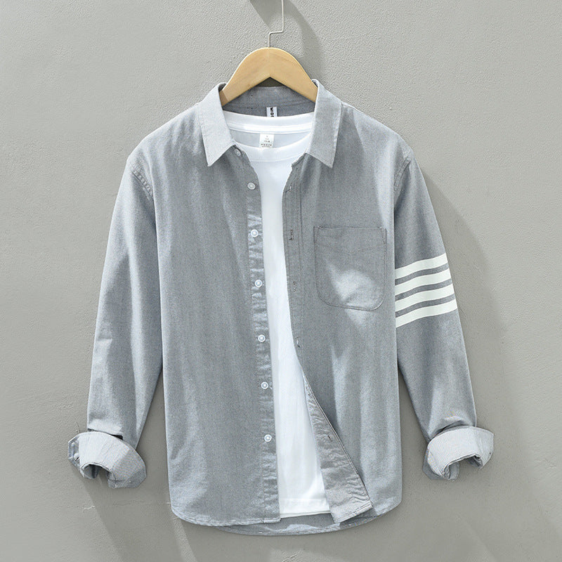 White linen-cotton blend casual shirt with monochrome triple stripe sleeves and tailored fit