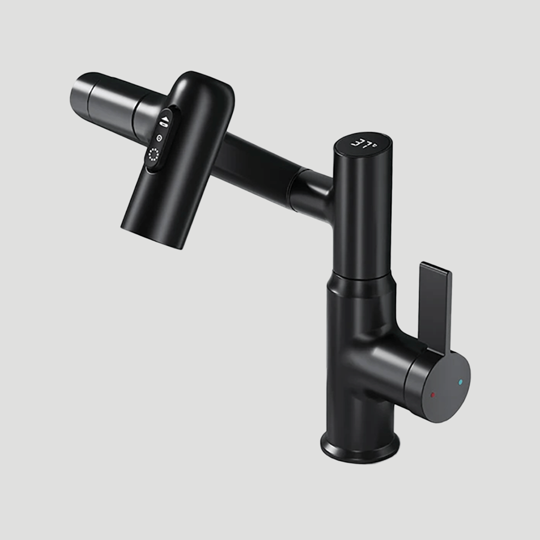 Smart LED kitchen faucet with real-time temperature display, sleek modern design for precise water control