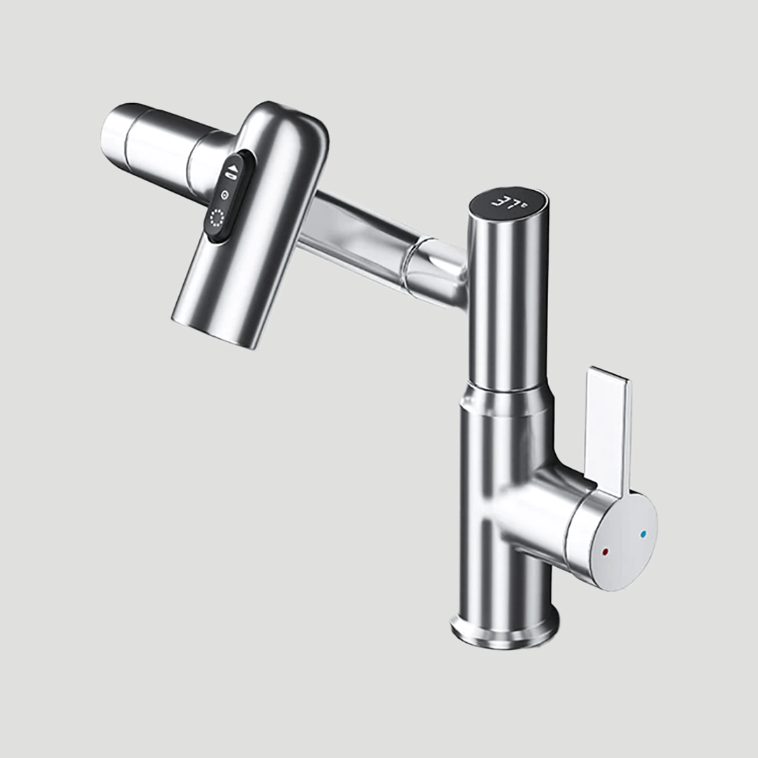 Smart LED kitchen faucet with real-time temperature display, sleek modern design for home chefs