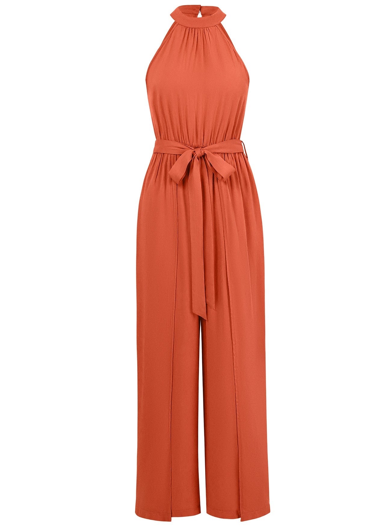 Women's sleeveless halter neck jumpsuit with tie belt, elegant shoulder-baring one-piece for day to night