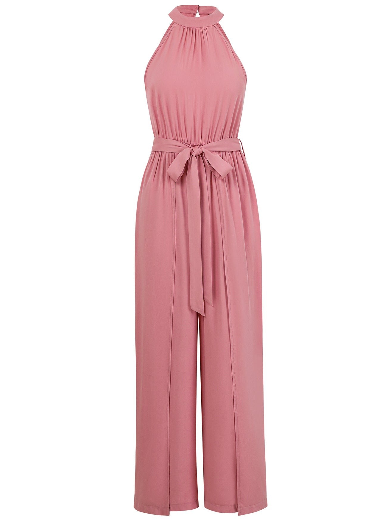 Women's sleeveless halter neck jumpsuit with tie belt, elegant shoulder-baring one-piece for day to night