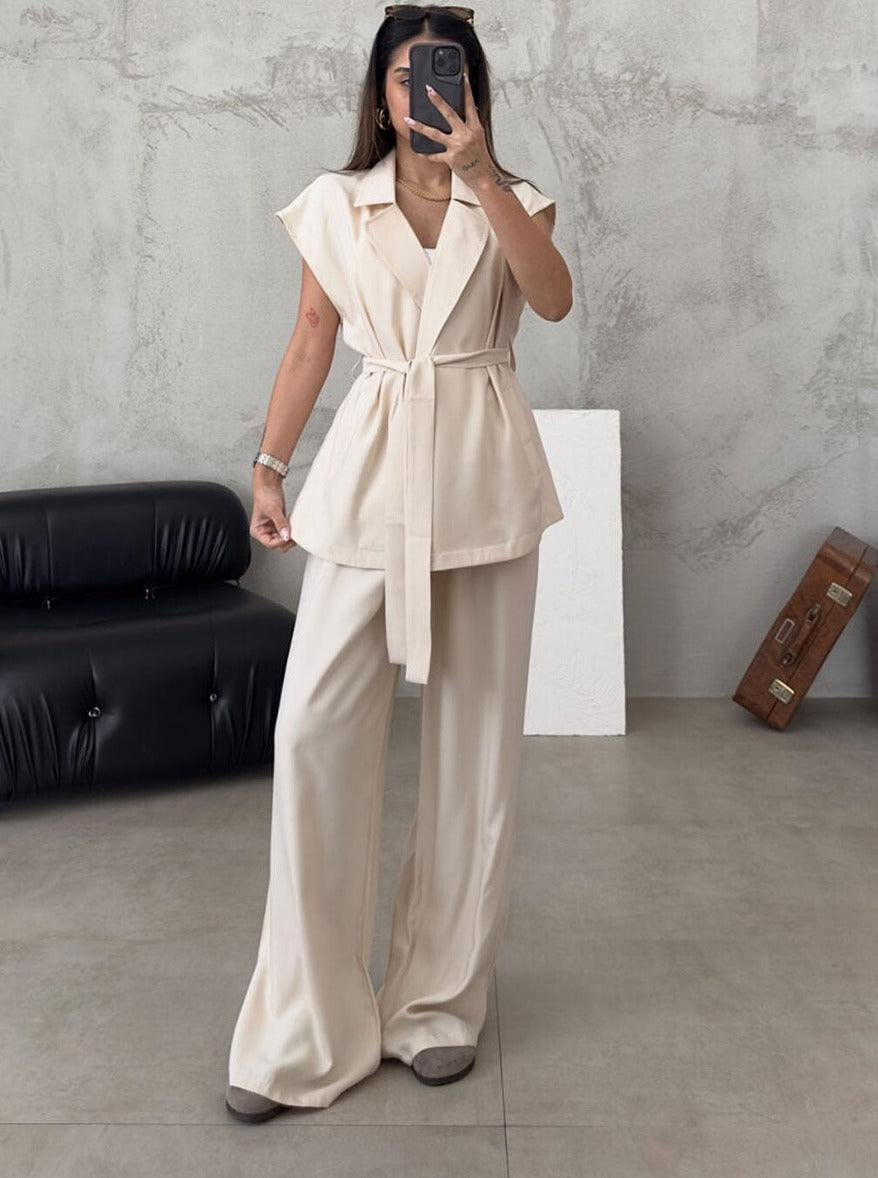 Women's sleeveless cardigan high-waisted pantsuit set professional chic office wear versatile two-piece
