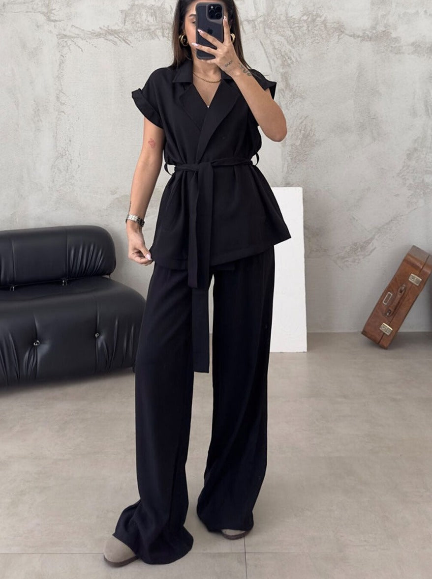 Women's sleeveless cardigan high-waisted pantsuit set professional chic two-piece office wear