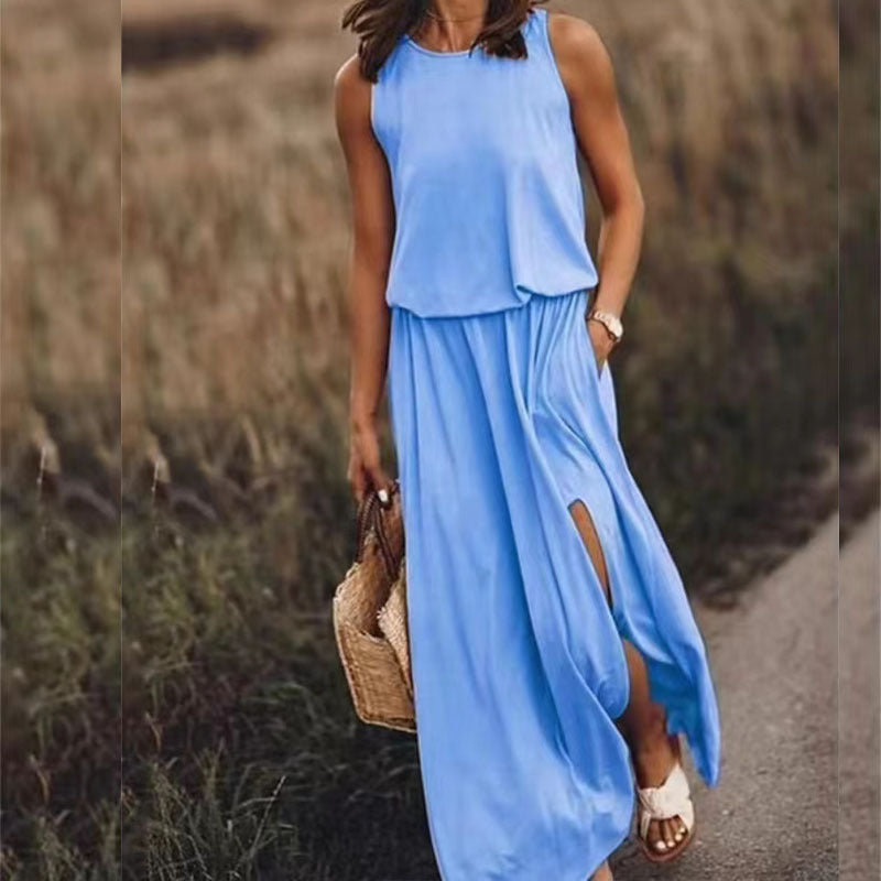 Women's sleeveless maxi dress lightweight breathable flowing silhouette summer essential flattering fit