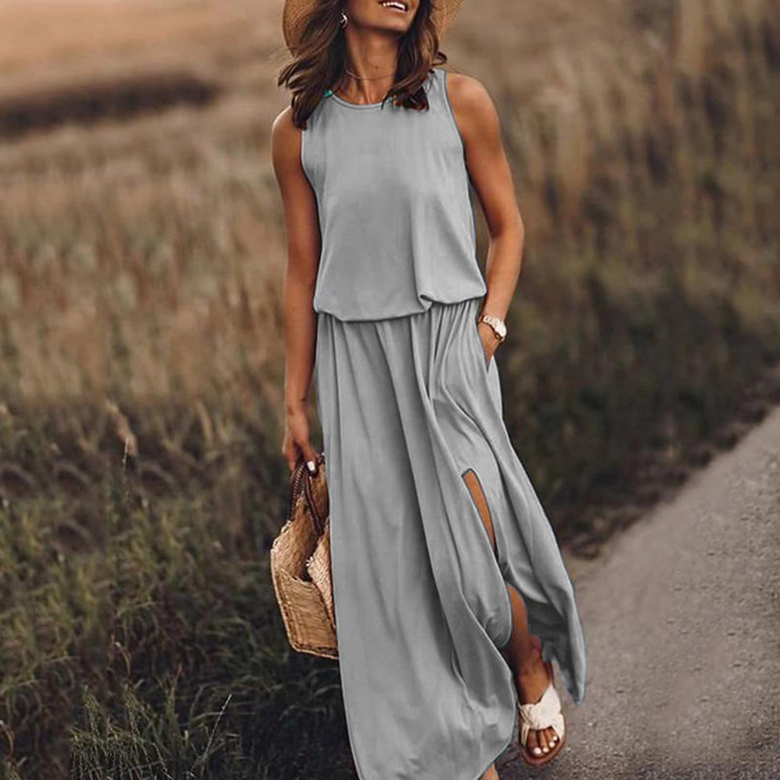 Women's sleeveless maxi dress lightweight breathable flowing silhouette summer essential flattering fit