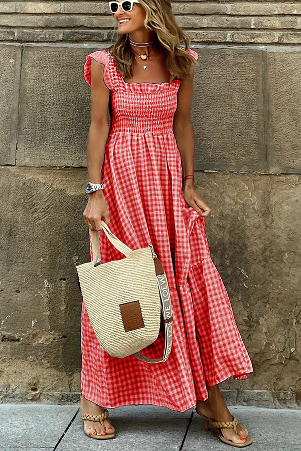 Elegant sleeveless maxi dress with romantic ruffle straps, timeless summer style for women