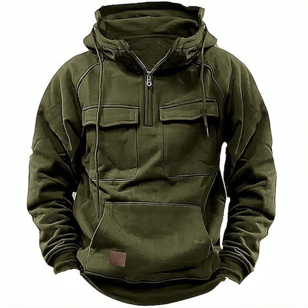 Men's gray half-zip hoodie relaxed fit with chest pockets and drawstring hood