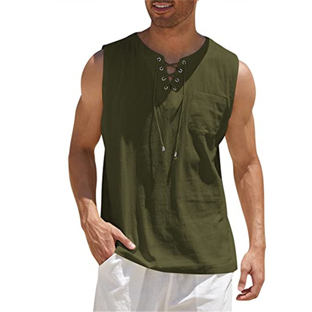 Men's relaxed fit sleeveless shirt in neutral tone with lace-up front neckline and chest pocket