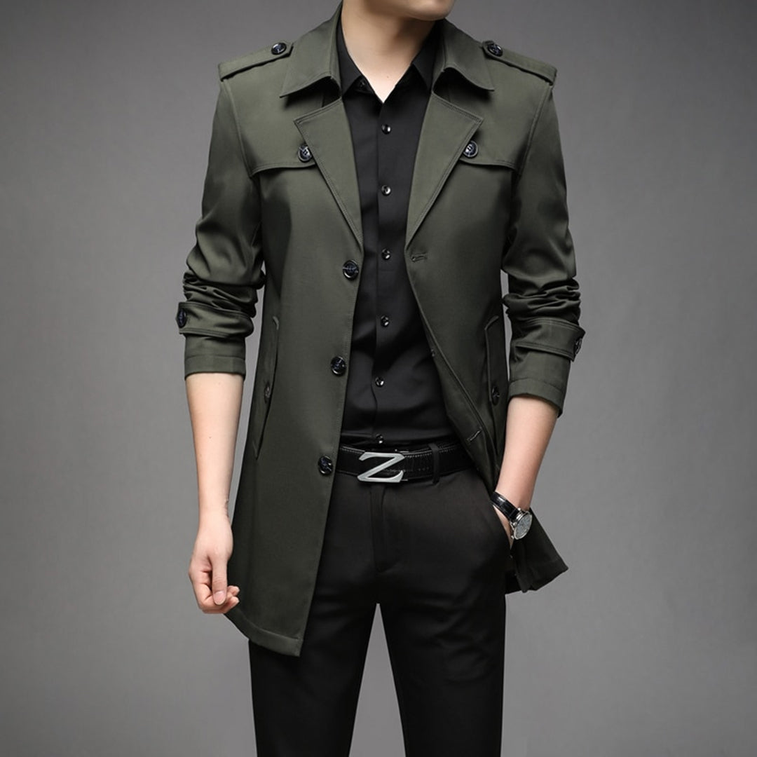 Men's lightweight single breasted trench coat in classic neutral tone with clean front closure