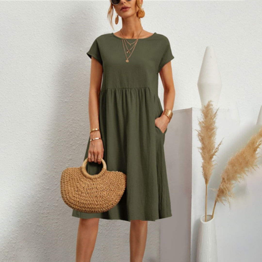 Women's A-line midi dress flattering mid-calf silhouette comfortable lightweight everyday style