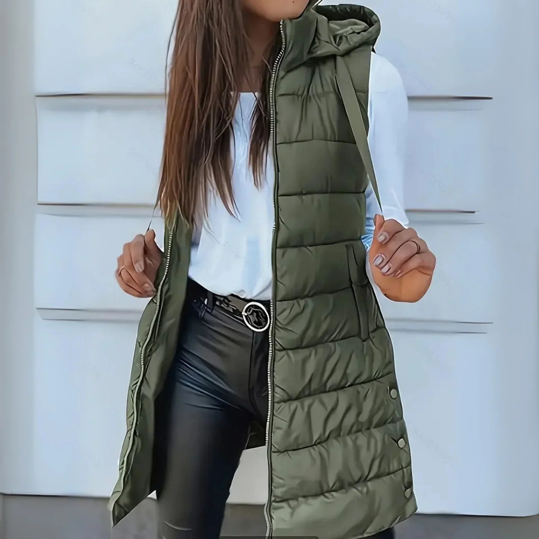 Women's long hooded puffer vest, lightweight quilted longline silhouette for transitional layering