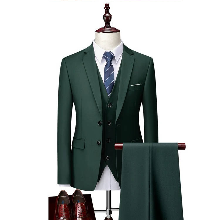 Men's black slim-cut three-piece tuxedo with vest, wrinkle-resistant formal suit for weddings