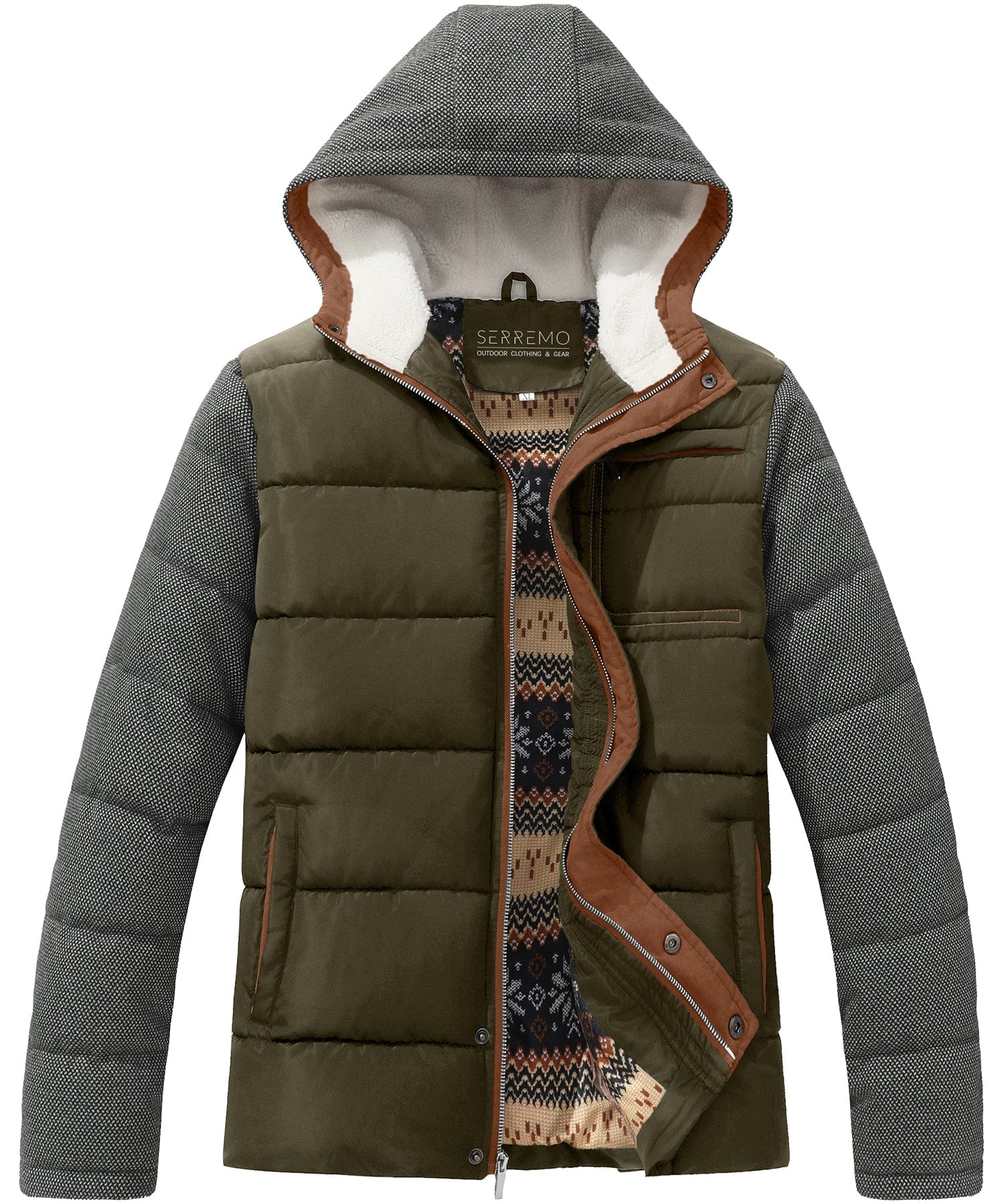 Men's olive green hooded puffer jacket with quilted exterior and plush sherpa lining for outdoor warmth