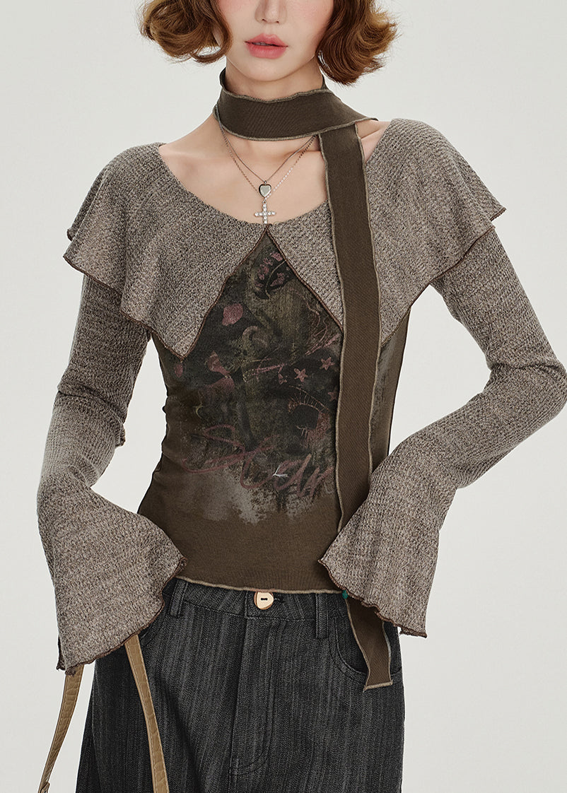 Chemise en coton patchwork à col Peter Pan Art Brown, printemps - Urbann-Vibe