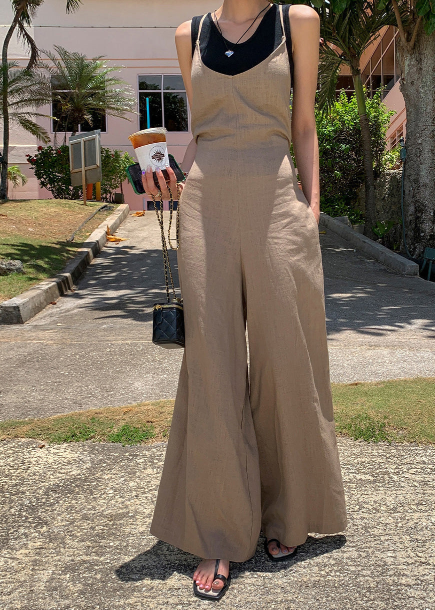 Combinaison pantalon large en coton marron avec ceinture nouée à la taille pour l'été - Urbann-Vibe