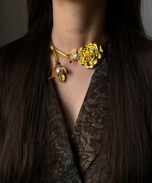 Collier Art Gold Copper Alloy Pearl Camélia - Urbann-Vibe