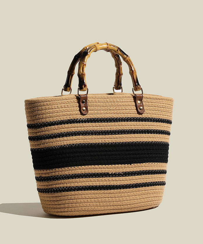 Sac fourre-tout en paille tissée à rayures kaki Art, grande capacité - Urbann-Vibe