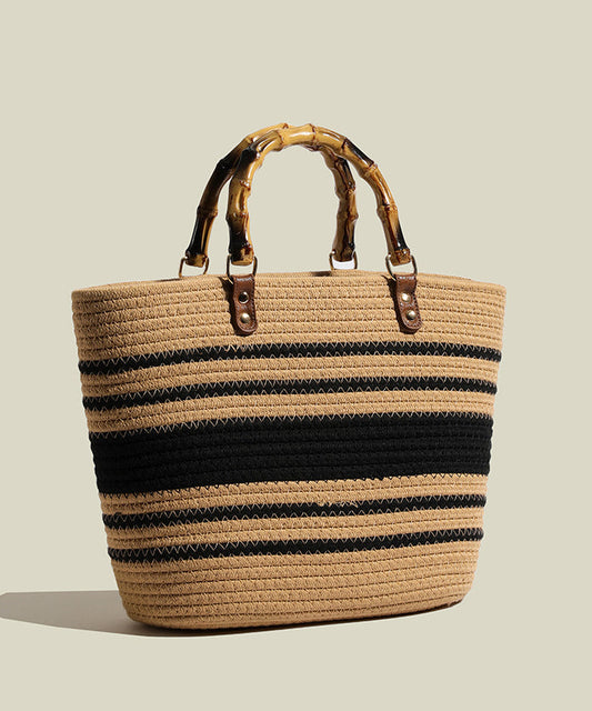 Sac fourre-tout en paille tissée à rayures kaki Art, grande capacité - Urbann-Vibe