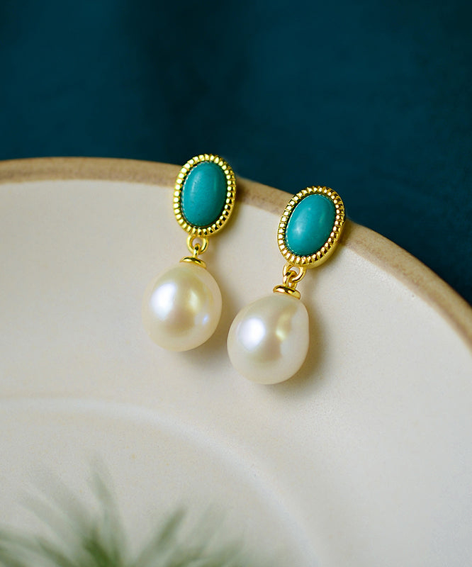 Boucles d'oreilles pendantes en argent sterling et perles turquoise surdorées Art White - Urbann-Vibe