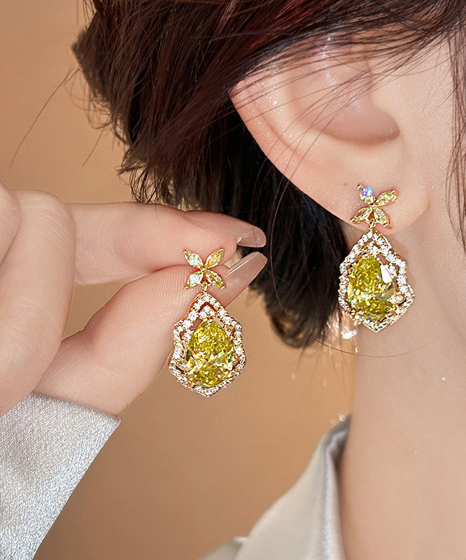 Boucles d'oreilles pendantes en cristal et cuivre jaune surdoré, trèfle à quatre feuilles - Urbann-Vibe