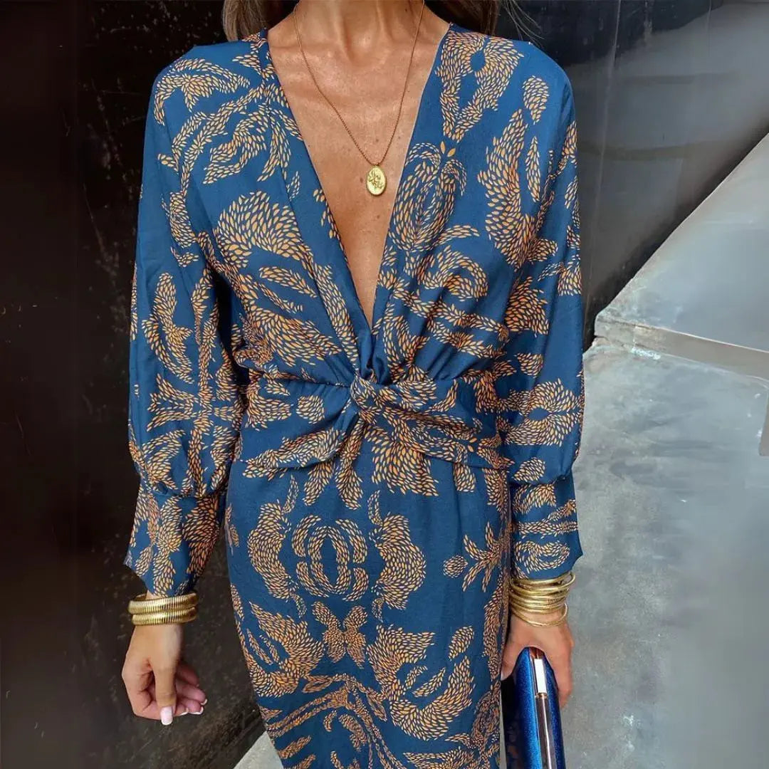 Elegant twist-front maxi dress with plunging neckline, bohemian evening gown for women