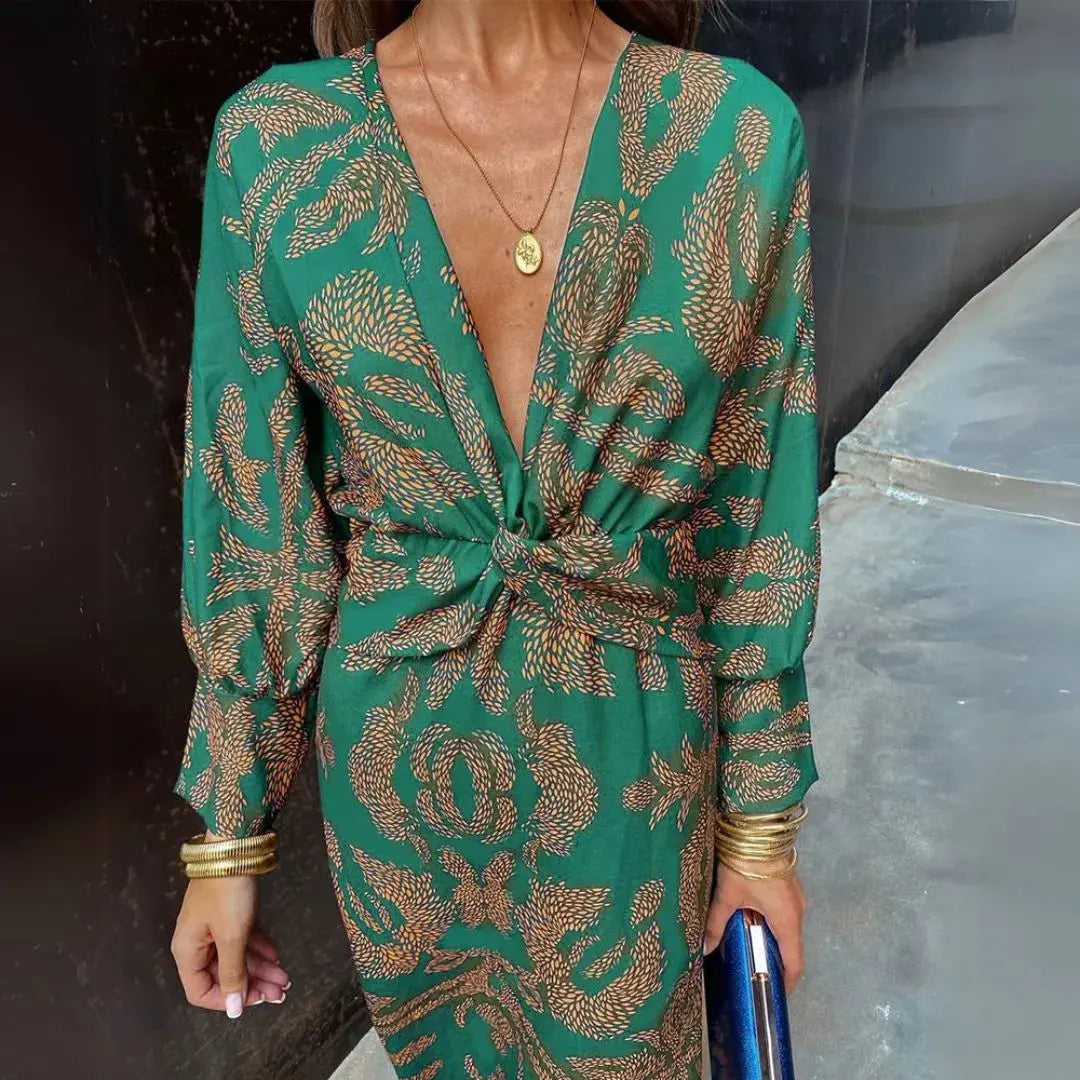 Elegant twist-front maxi dress with plunging neckline, bohemian evening gown for women