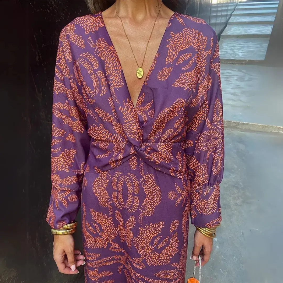 Elegant twist-front maxi dress with plunging neckline, bohemian evening gown for women