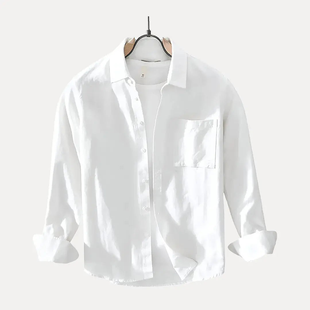 White minimalist tailored summer shirt with premium fabric and elegant slim-fit silhouette