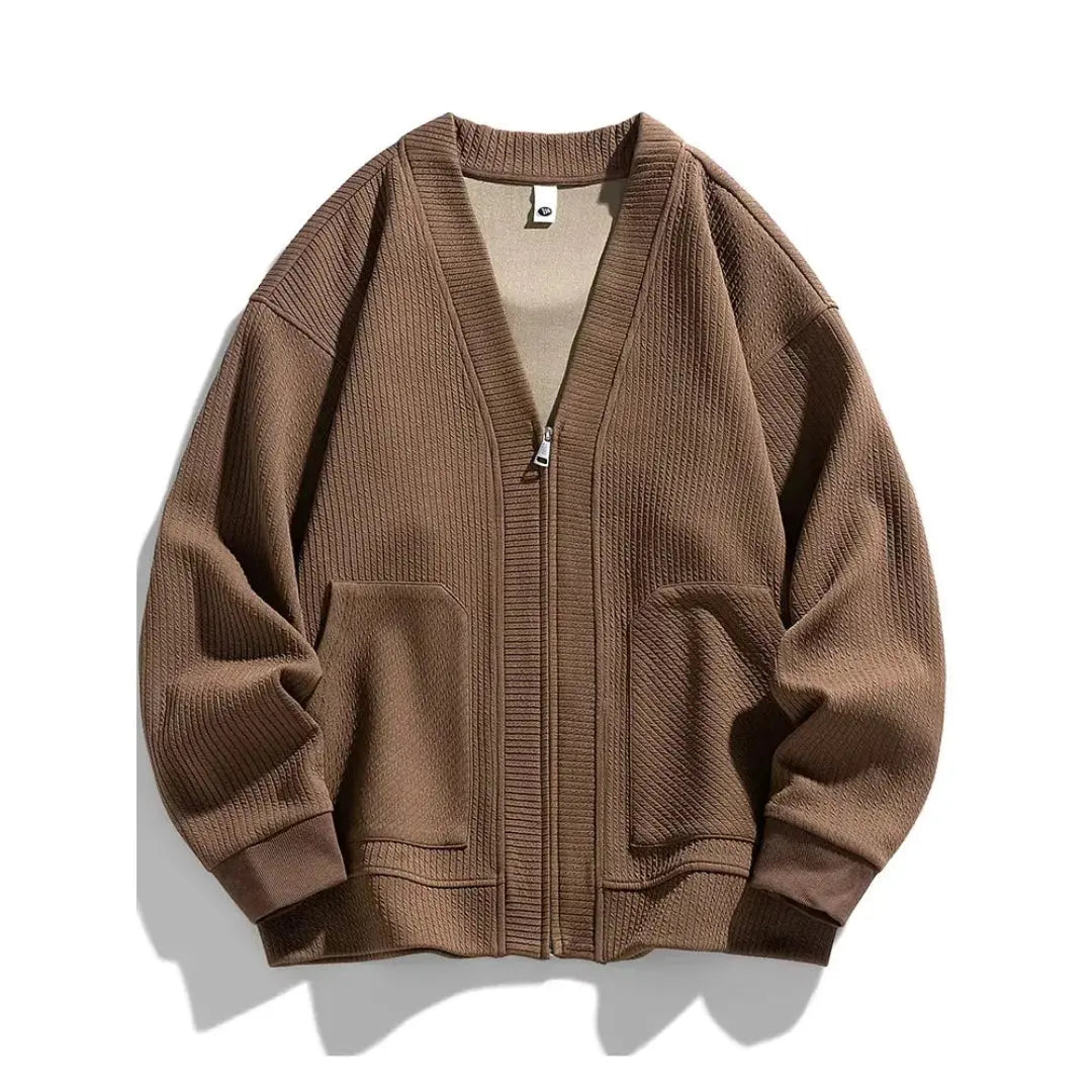 Men's lightweight knit zip-up cardigan in neutral tone, slim-fit layering piece for business-casual wear