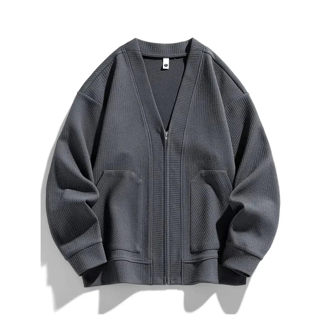 Men's lightweight knitted zip-up cardigan in neutral tone, slim-fit layering piece for business-casual wear