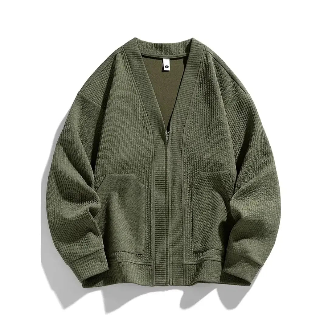 Men's lightweight knitted zip-up cardigan in neutral tone, slim-fit layering piece for business-casual wear
