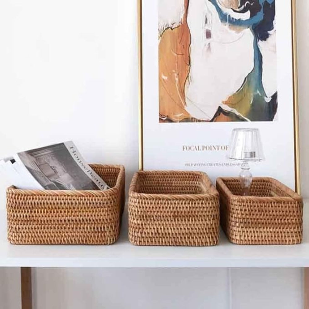 Handwoven natural rattan storage basket open-top rectangular minimalist design durable rustic texture