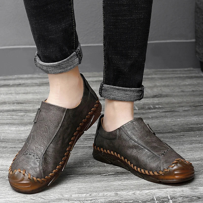 Vintage leather slip-on loafers in earthy brown with hand-stitched detailing for everyday wear