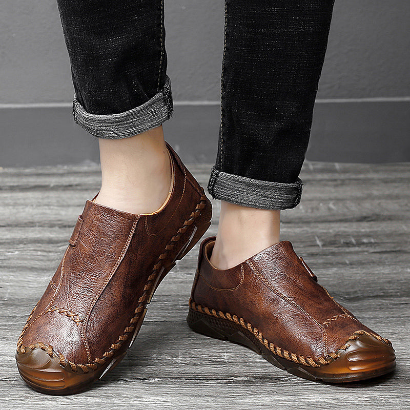 Vintage leather slip-on loafers in earthy brown with hand-stitched detailing for everyday wear