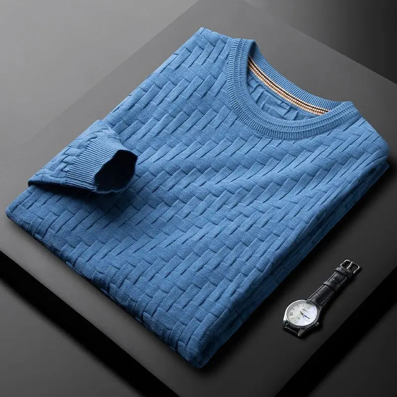 Men's green 3D geometric knit crewneck sweater cotton blend quiet luxury casual fit