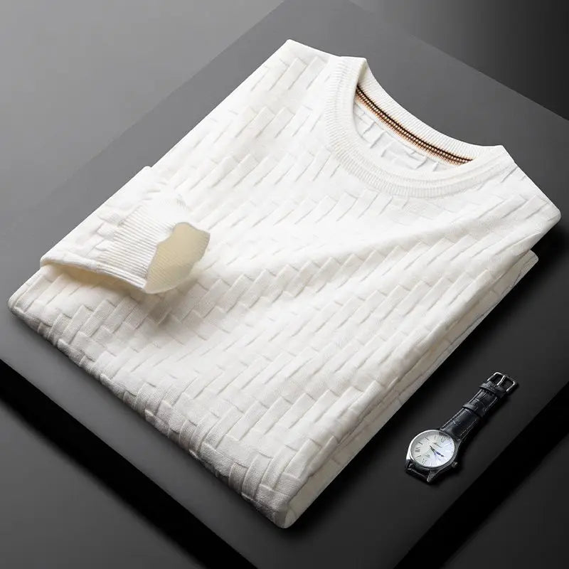 Men's green 3D geometric knit crewneck sweater cotton blend slim fit quiet luxury casual