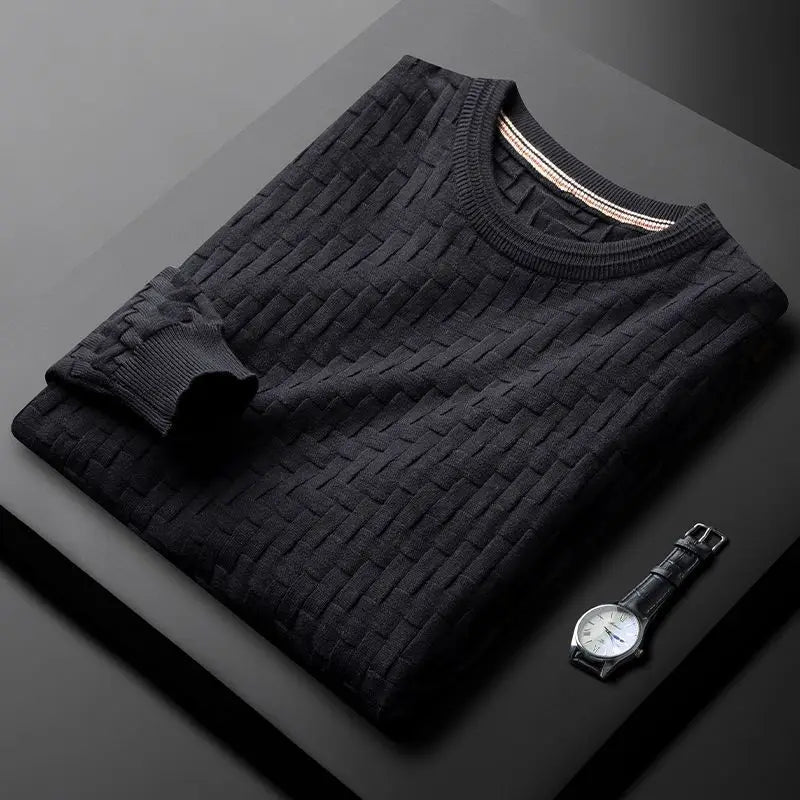 Men's green 3D geometric knit crewneck sweater cotton blend slim fit quiet luxury