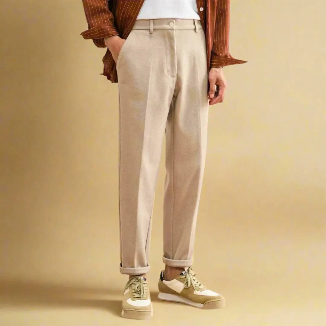 Aspen gray wool-blend tailored trousers, structured slim fit with refined silhouette for office wear