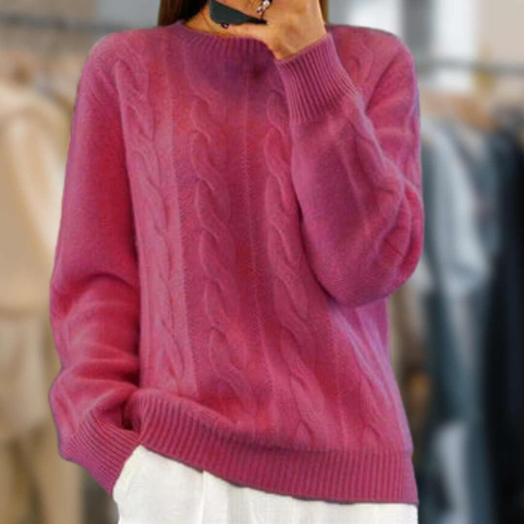 Women's cream cable knit sweater relaxed fit with ribbed trim and classic textured pattern
