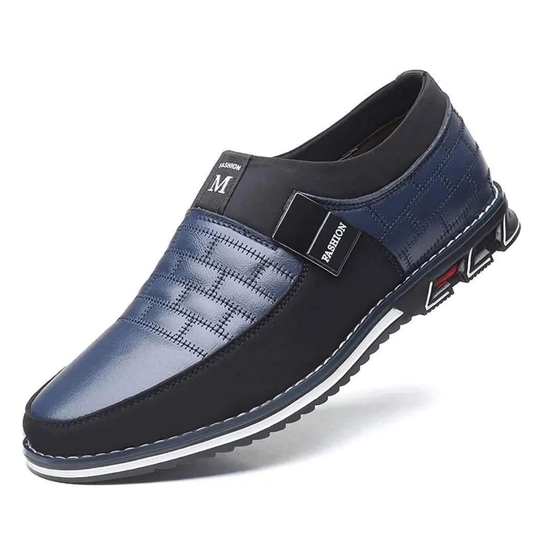 Black slip-on sneakers premium PU leather stitched checkered upper office-ready professional comfort