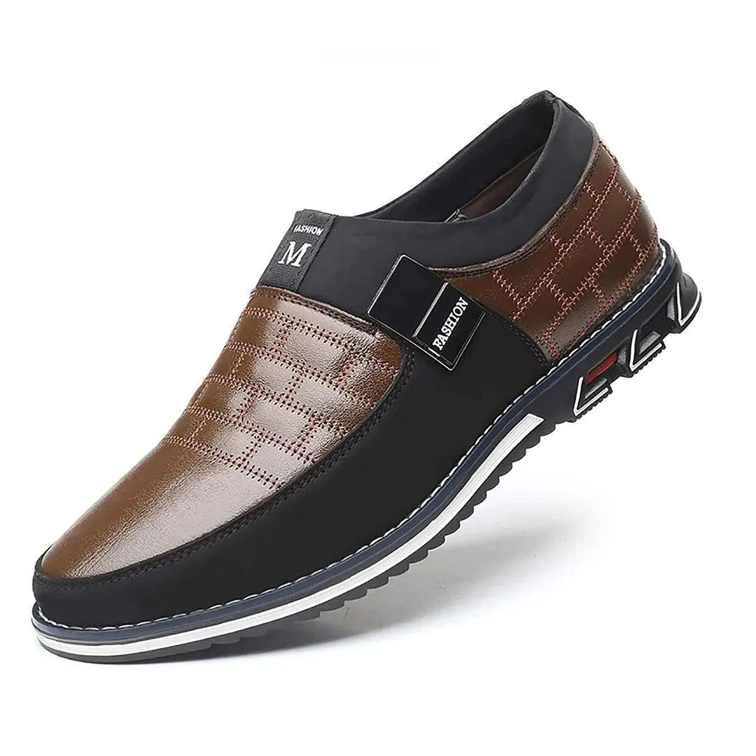 Black slip-on sneakers premium PU leather stitched checkered upper office-ready professional comfort
