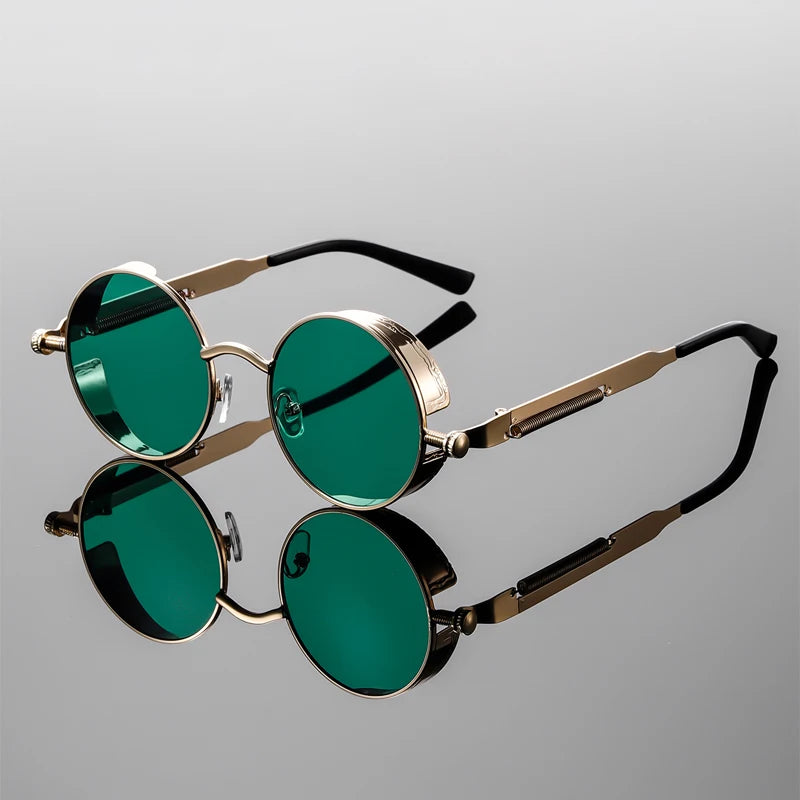 Round steampunk sunglasses dual-tone metal frame spring accents UV400 protection industrial style