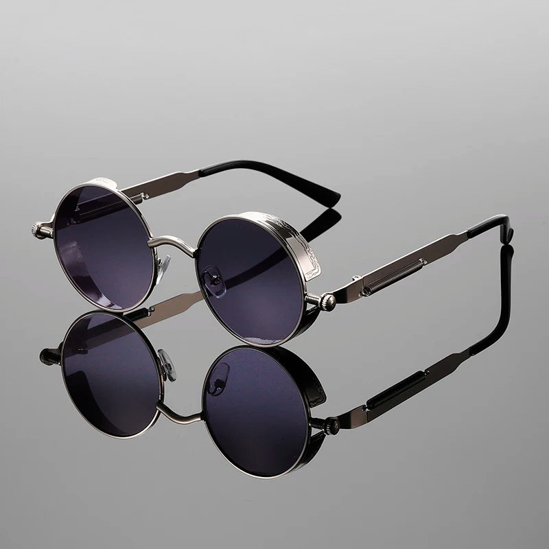 Round steampunk sunglasses dual-tone metal frame spring accents UV400 protection bold industrial style