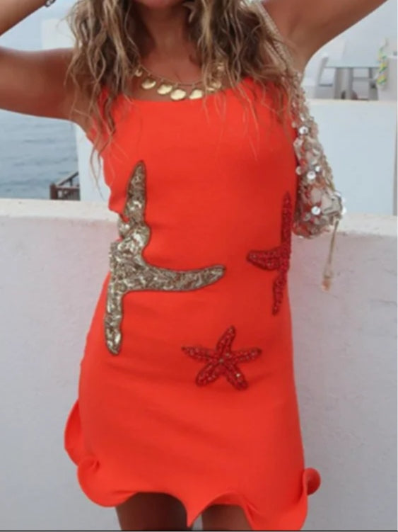 Silver shimmering star print mini dress with open back and delicate ruffles for glamorous evenings