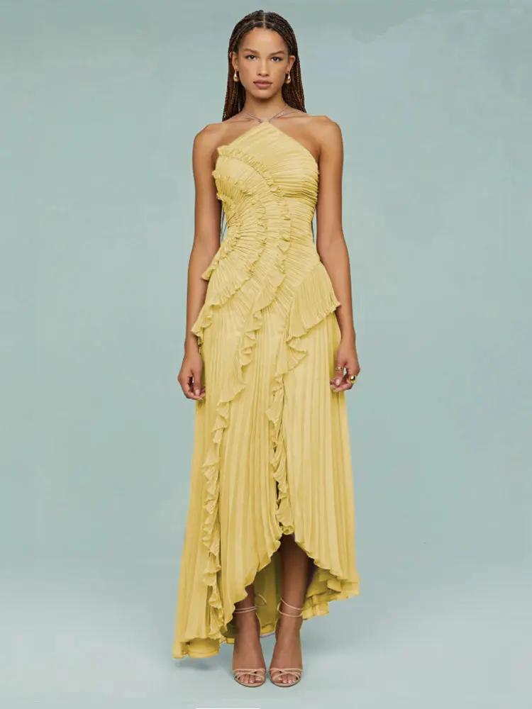 Women's black one-shoulder pleated maxi dress with asymmetric hem and fitted bodice elegant occasion wear