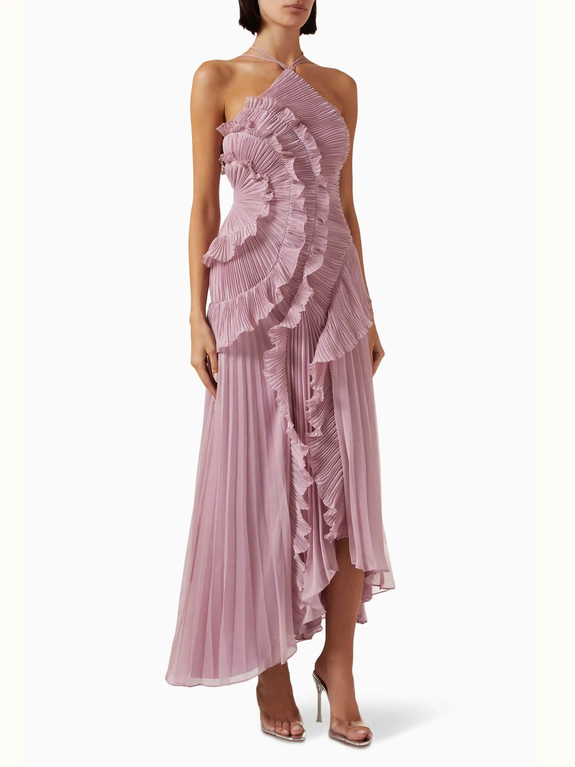 Women's black one-shoulder pleated maxi dress with asymmetric hem and fitted bodice for formal occasions